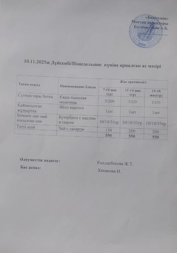 Күндік ас мәзірі 10.11.2025